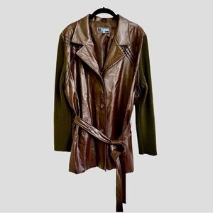 ENDURANCE, FAUX BROWN LEATHER BELTED COAT WITH BROWN SWEATER SLEEVES. SIZE 1X